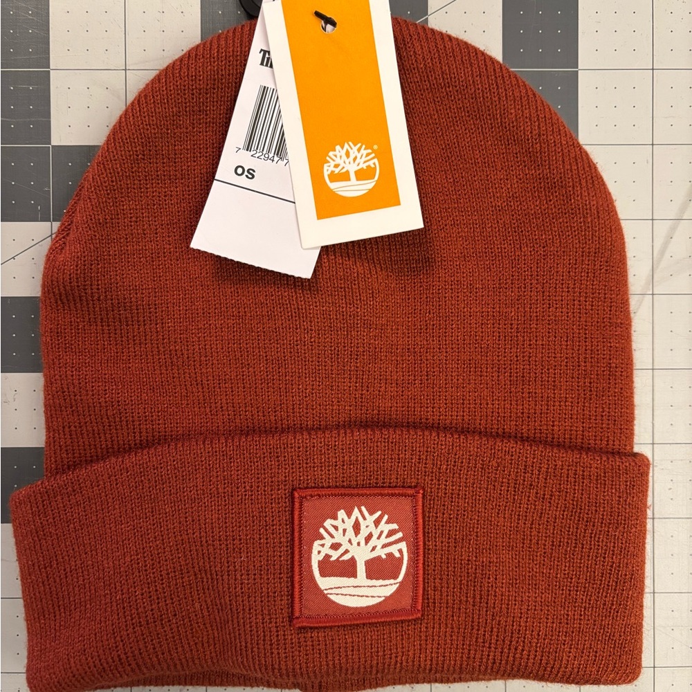 Timberland Burnt Orange Cuffed Knit Beanie with Logo Patch